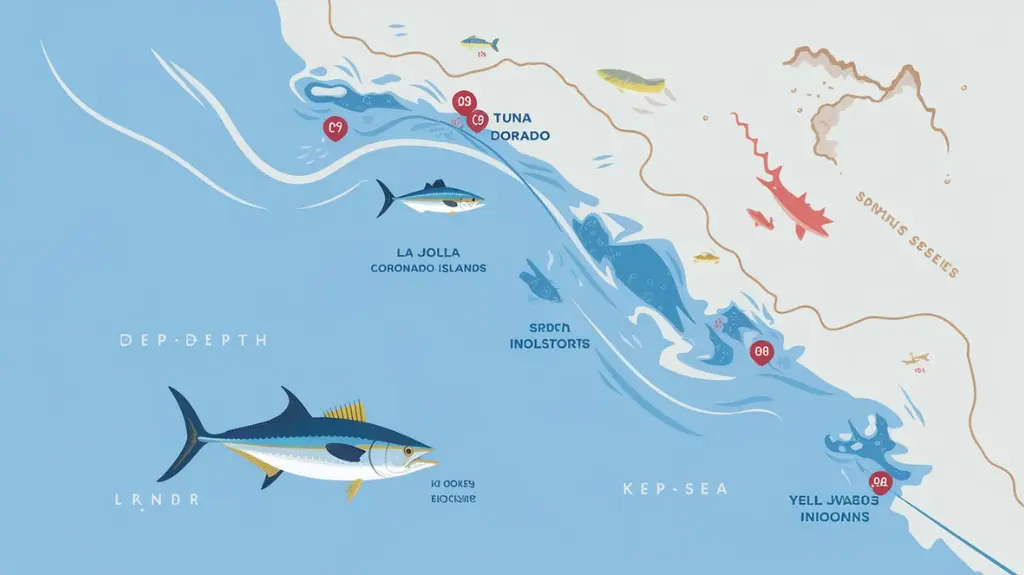 Map of San Diego’s prime fishing spots where large fish species are commonly caught.