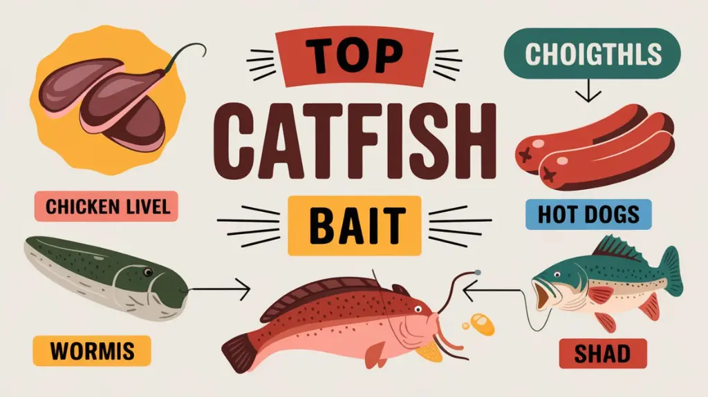 Infographic listing the top catfish bait choices, such as chicken liver, worms, and shad, with small illustrations.