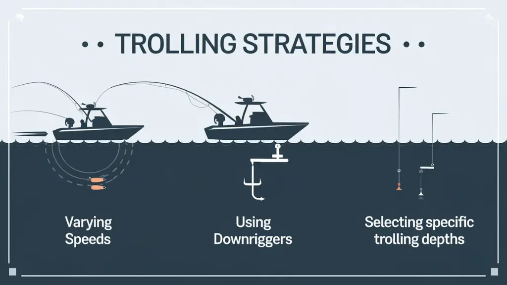 Infographic illustrating successful trolling strategies, including speed variation, downriggers, and depth selection.