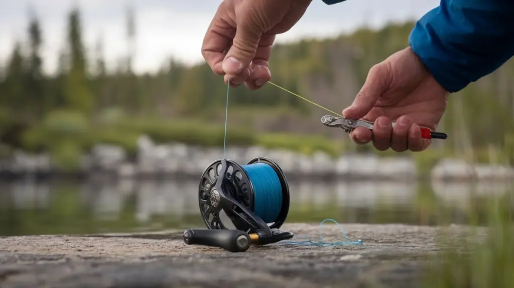 Angler managing fishing line on a reel, demonstrating advanced line management tips like spooling and tension control.