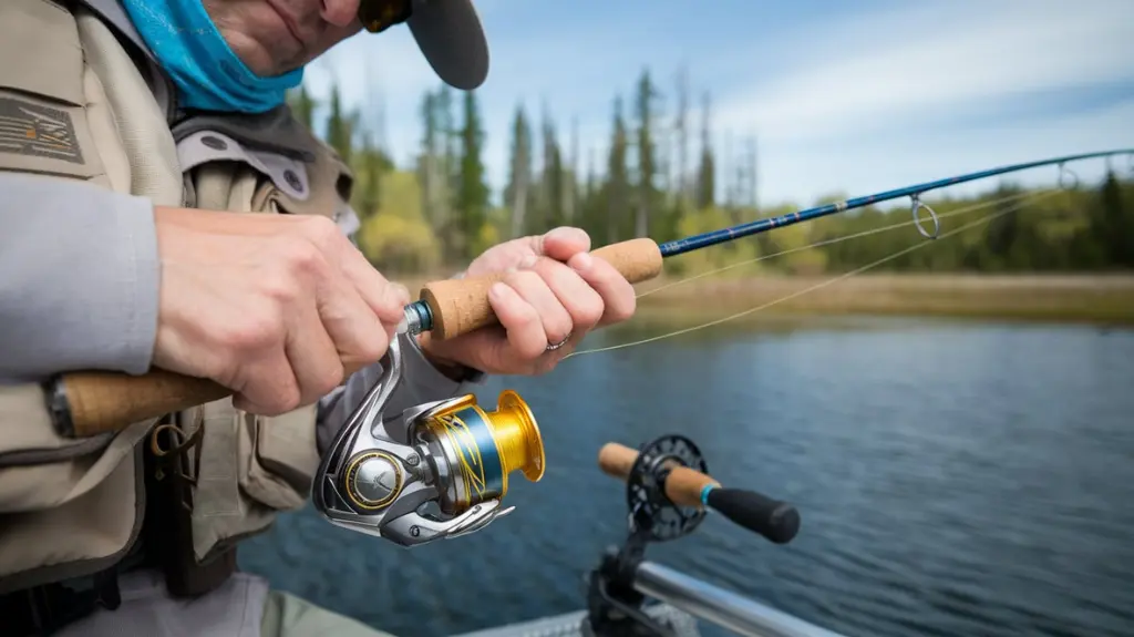 Close-up of an experienced angler adjusting a trolling reel, demonstrating advanced trolling techniques and tips from the pros.