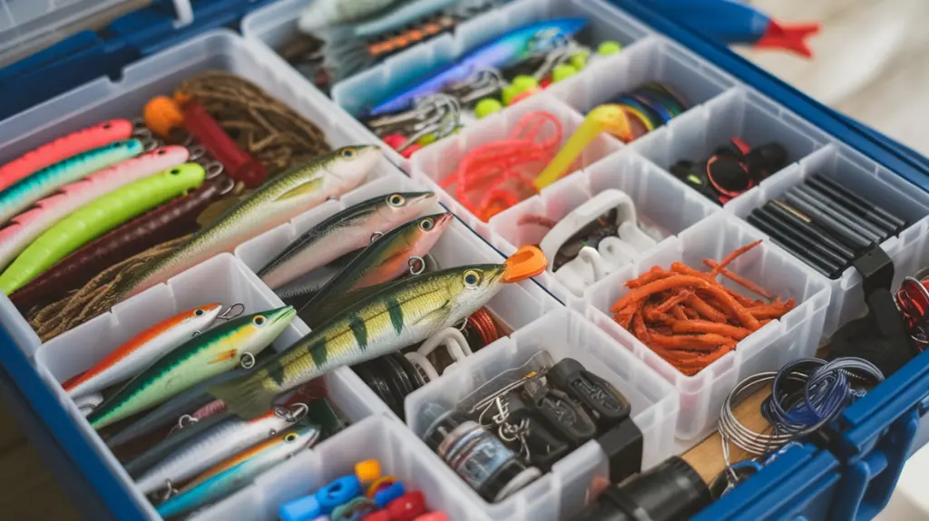 Organized tackle box filled with a variety of bass lures, showcasing brands, lure types, and essential fishing accessories.