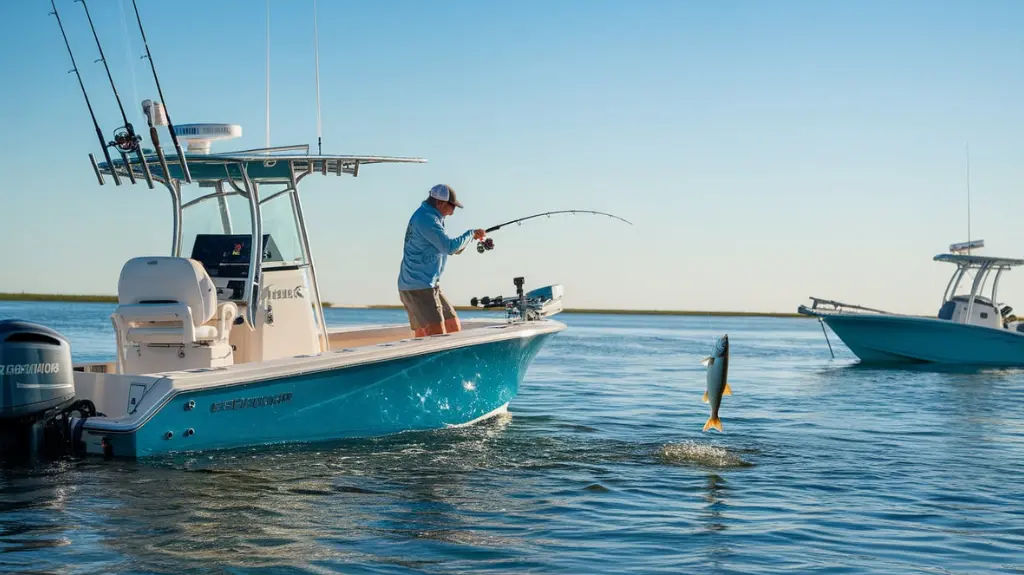 Angler fishing on a boat off the coast of Destin, Florida, exploring fishing beyond the pier in the Gulf of Mexico.