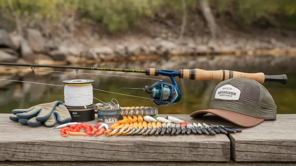 Essential fishing equipment laid out for optimal casting, including rod, reel, line, and bait, ideal for improving casting technique.