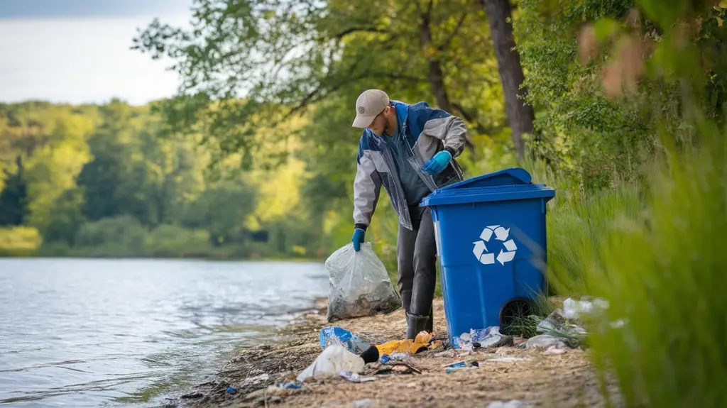 Angler practicing environmental stewardship by cleaning up a lakeshore, supporting conservation.