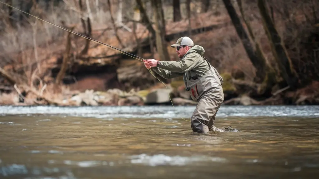 Angler demonstrating a fly casting technique on the White River, highlighting beginner to expert strategies.