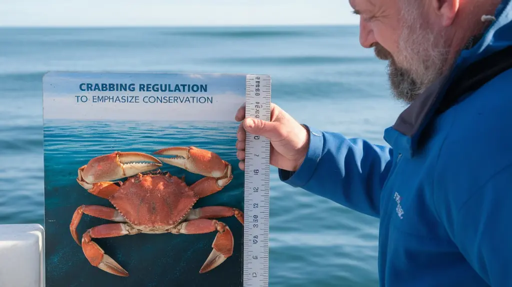 Crabber checking regulations and measuring crabs, promoting responsible crabbing and conservation.