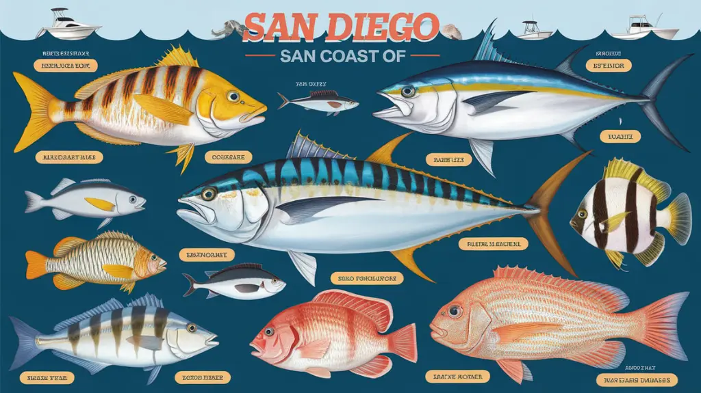 Guide to popular fish species in San Diego, including yellowtail, tuna, dorado, and rockfish.