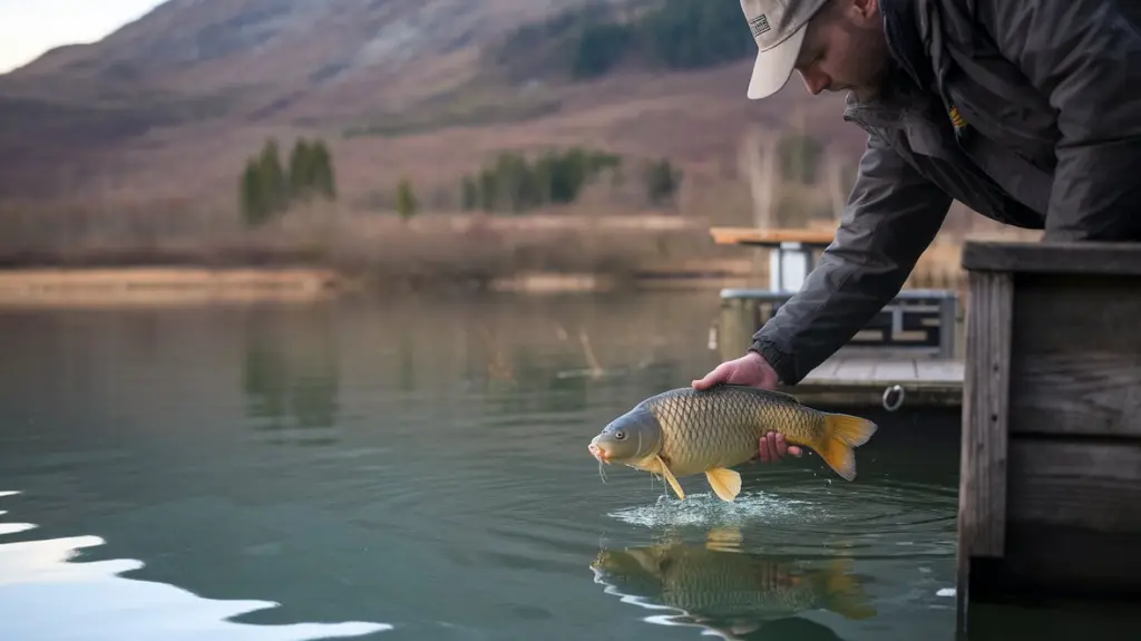 Angler releasing a carp back into the water, symbolizing ethical and sustainable fishing practices.