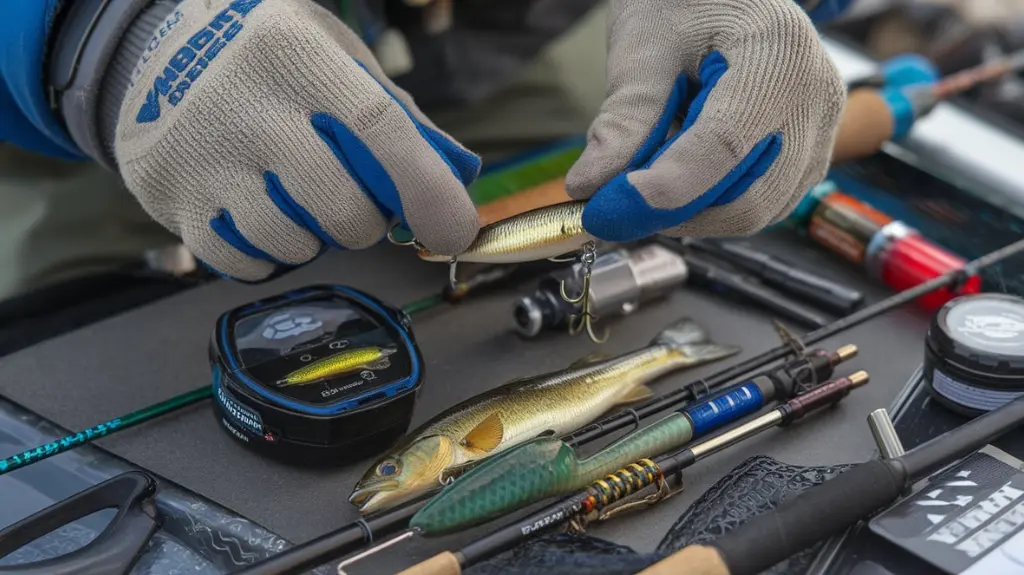 Angler setting up bait and lures for walleye ice fishing on Red Lake, focusing on techniques for attracting fish.