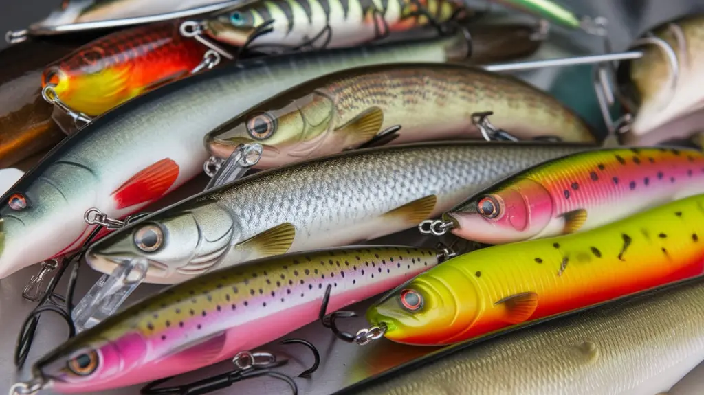 Selection of artificial lures with vibrant colors and textures, designed to mimic prey for pike fishing.