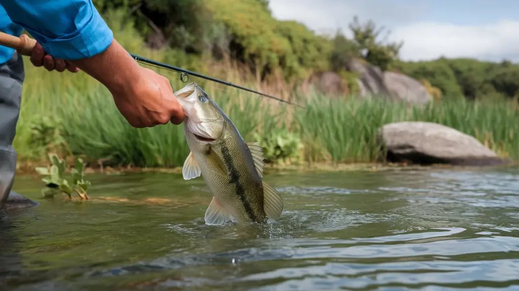 Angler releasing a bass back into the lake, representing ethical fishing practices and conservation efforts in bass fishing.