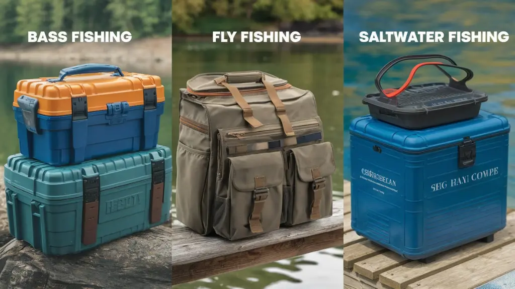 Collage of the best fishing tackle boxes categorized by type and use, highlighting their features and suitability for various fishing styles.