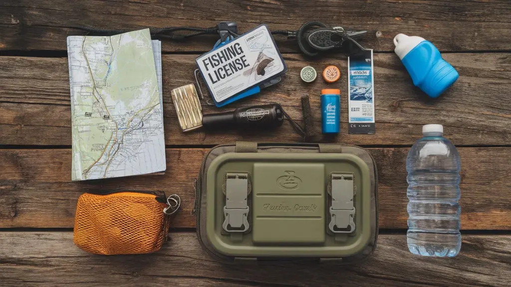 Essential gear for a Chattahoochee River fishing trip, including map, fishing license, and tackle box.