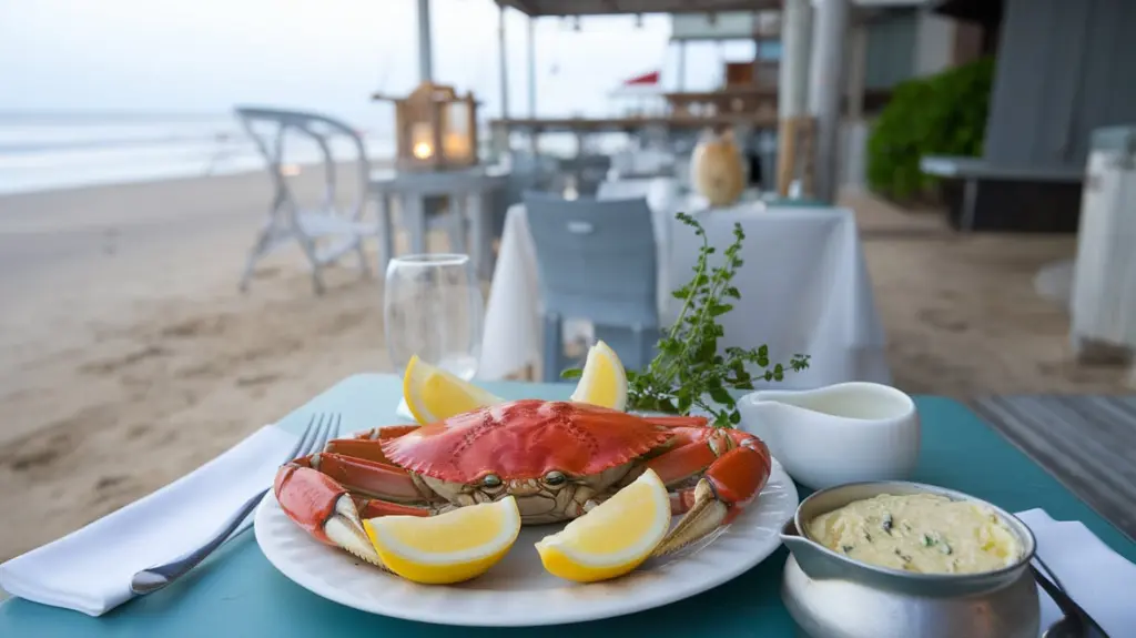 Freshly cooked crab served with lemon and garlic butter, illustrating the enjoyment of a crabbing catch from sea to table.