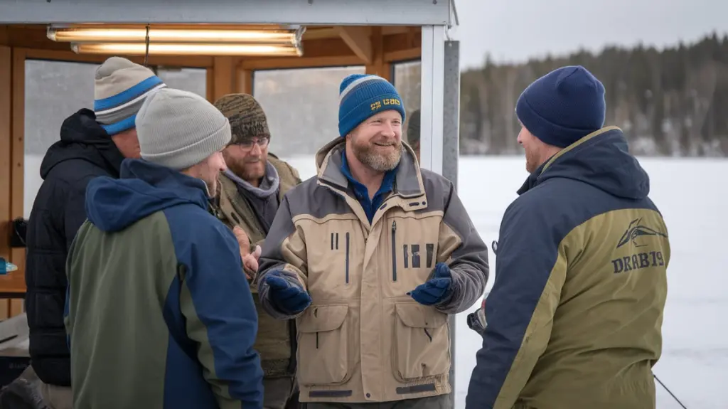 Local anglers and a fishing guide sharing ice fishing tips at Red Lake, emphasizing community and expertise.