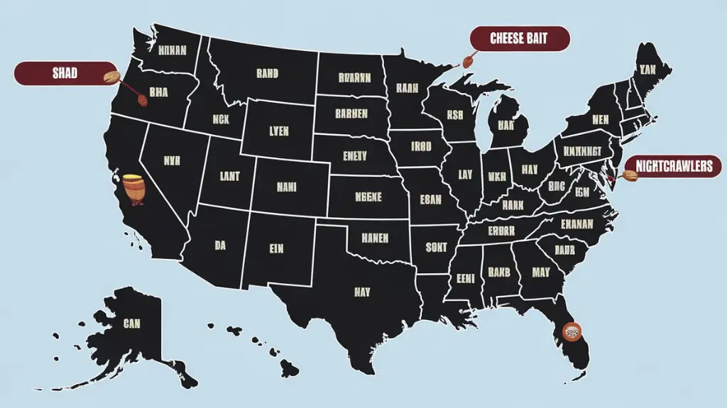 Map of the U.S. with popular catfish baits by region, like shad, cheese bait, and nightcrawlers.