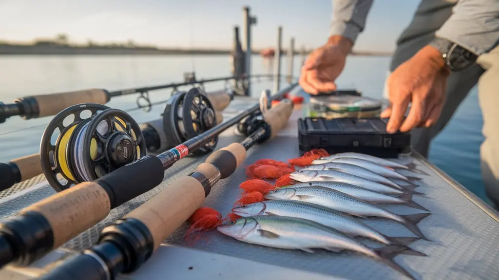 Essential fishing gear for San Diego sport fishing, including rods, reels, and bait, ready for a successful trip.