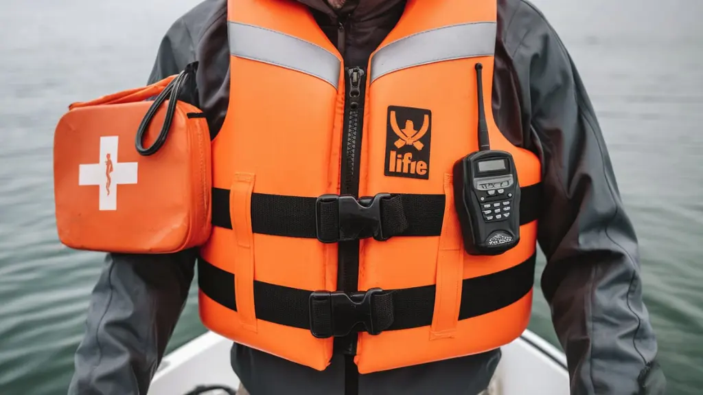 Angler equipped with safety gear, including a life jacket, first-aid kit, and radio, emphasizing precautions for safe trolling.