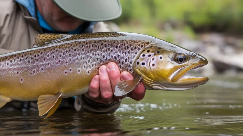 Close-up of a trophy-sized brown trout caught on Arkansas’ White River, showcasing its size and natural beauty.