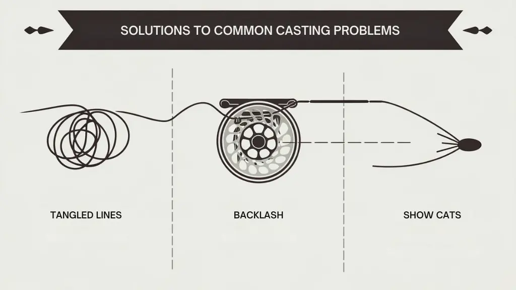 Infographic on troubleshooting common fishing casting problems like tangled lines and short casts, with step-by-step solutions.