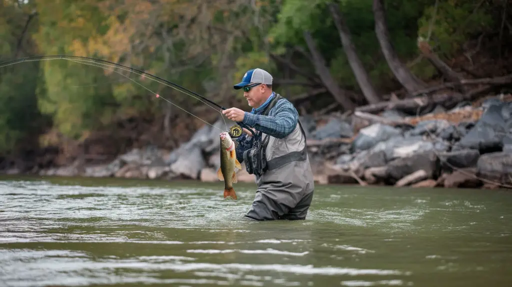 Angler reeling in a catch along a scenic riverbank, highlighting the appeal of smallmouth bass fishing.