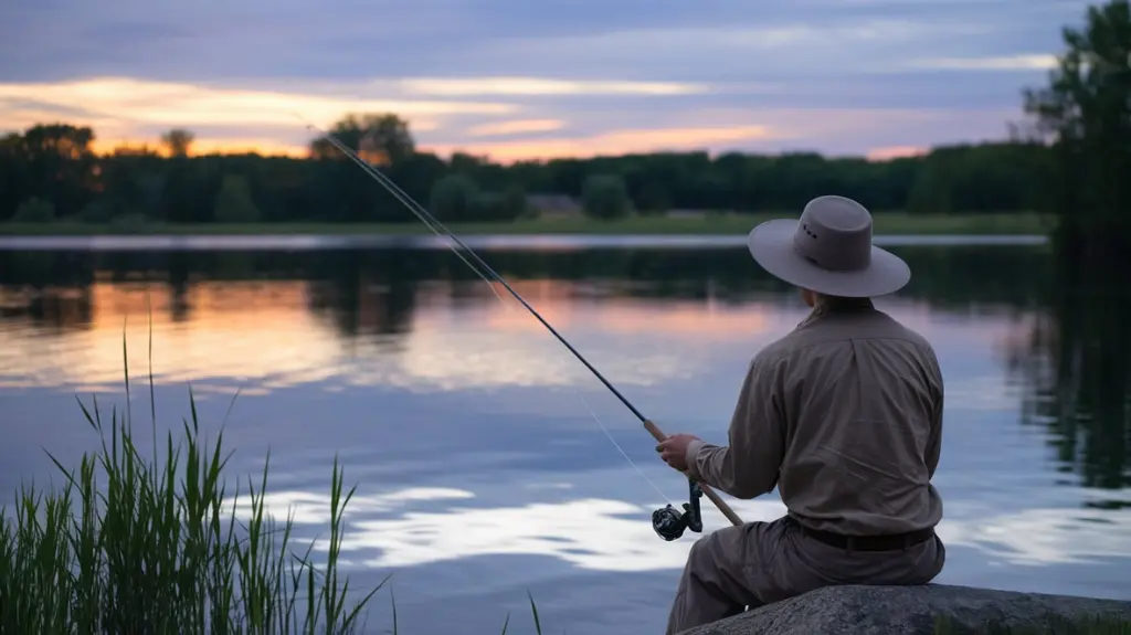 Angler fishing at dusk by the lakeside, symbolizing the patient pursuit of catfish.