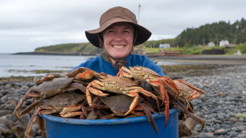 Crabber with a bucket of crabs, smiling and showcasing the rewarding experience of successful crabbing.