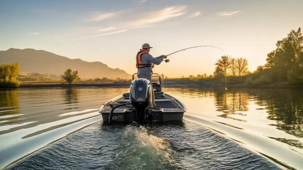 Angler embarking on a trolling adventure at sunrise, symbolizing the excitement and tranquility of fishing.
