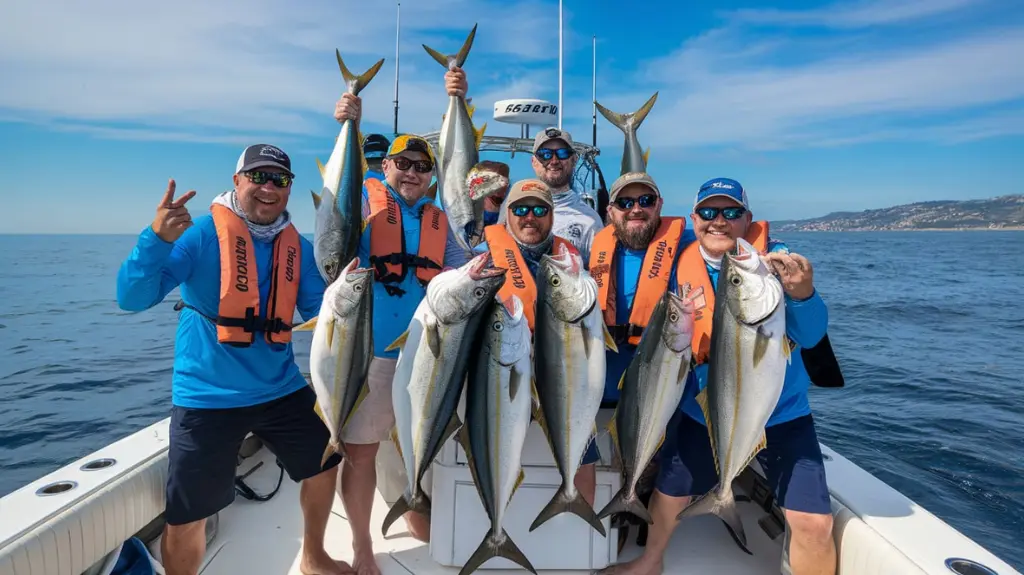 Group of anglers holding up fresh catches, celebrating memorable fishing moments in San Diego.