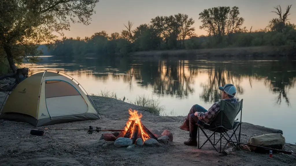 Riverside campsite along Arkansas’ White River with a tent, campfire, and an angler relaxing, highlighting the full experience beyond fishing.