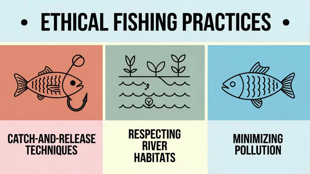 Infographic on ethical fishing practices and conservation for the White River, featuring catch-and-release and habitat respect.