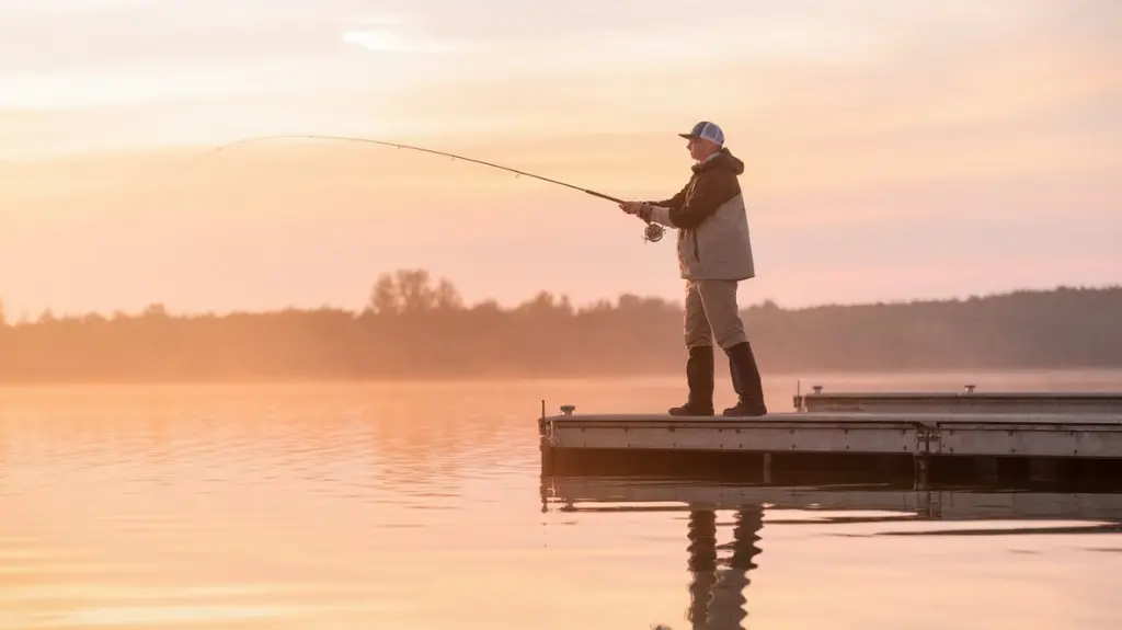 Angler practicing casting at sunrise, symbolizing the importance of patience and consistent practice in mastering fishing techniques.