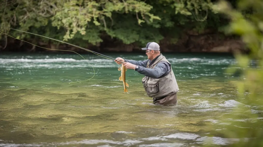 Angler fly fishing for pike using a large streamer fly, showcasing the unique challenge of this method.