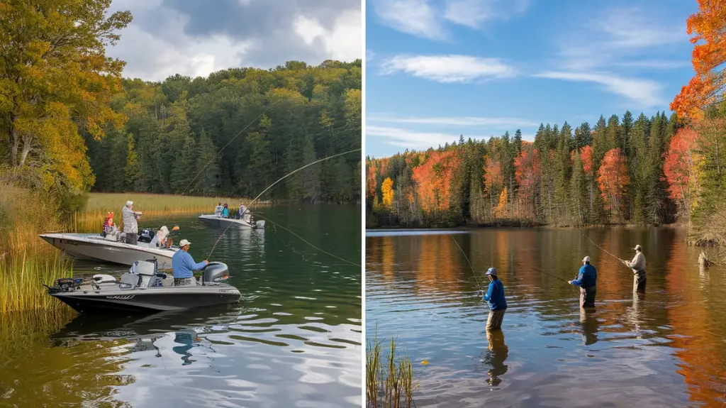 Year-round fishing opportunities at Red Lake, with scenes of summer and fall fishing for variety.