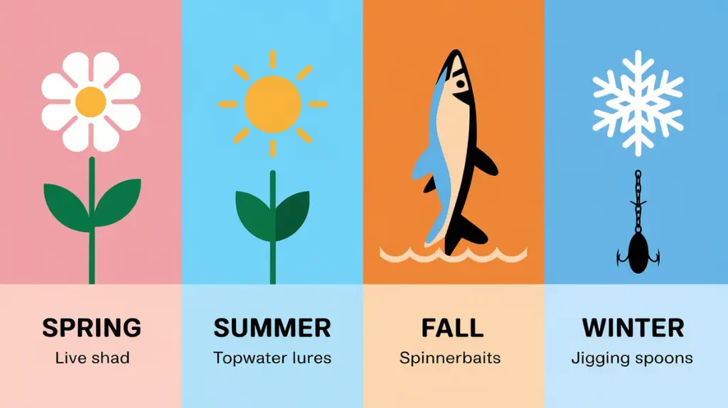 Infographic of seasonal bait choices for pike fishing, showing recommendations for spring, summer, fall, and winter.