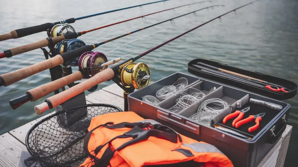 Organized display of essential gear for pike fishing, including rods, reels, tackle, and wire leaders.