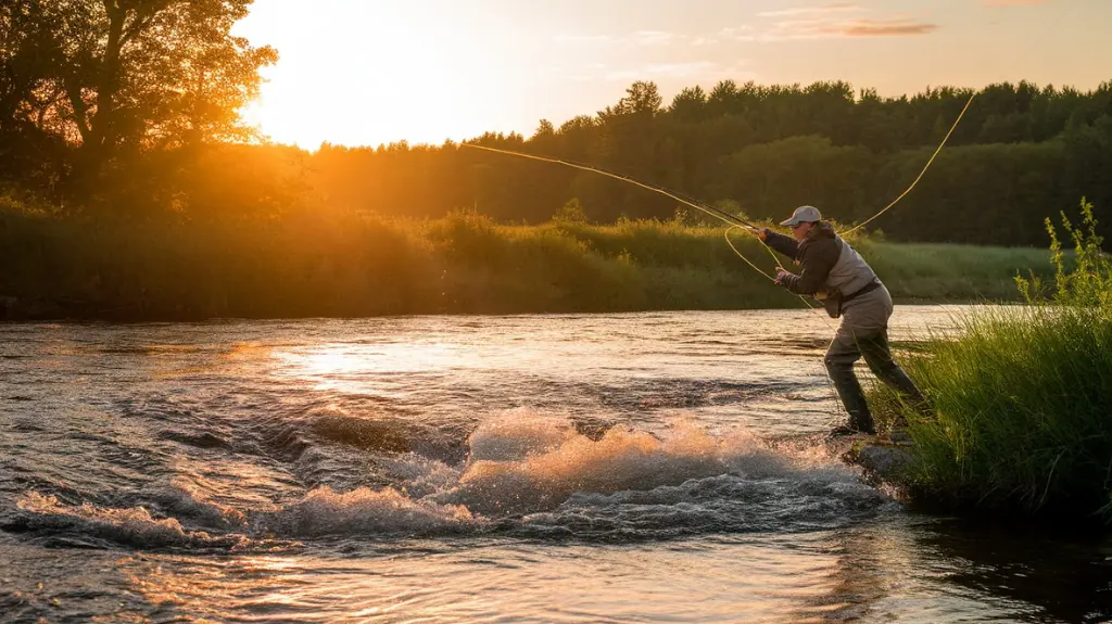 Angler casting a line into Arkansas’ White River at sunset, capturing the adventure and beauty of fly fishing.